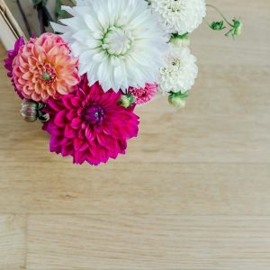 dahlias, vintage, garden, shabby, flower basket, white, pink, negative space, deco, wood floor, still life, country, decoration, schnittblume, happy mothers day, cut flowers, bouquet, nature, colorful